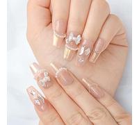 Sethexy Cercueil Clous à enfoncer Pierre précieuse Dégradé Faux ongles Design 3D en relief Perle Faux ongles Papillon Faux ongles collés Oeil de chat Ongles collés Pour les femmes et les filles 10Pcs