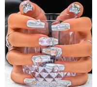 Sethexy Cercueil moyen Argent Fait à la main Clous à presser 3D Rhinestone Faux ongles Métallique Chaîne Luxe Ongles à coller Acrylique Brillant Faux ongles pour femmes et filles 10PCS (6)