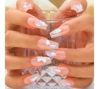 Sethexy Cercueil moyen Fait à la main Faux ongles Rose Dégradé Ongles à presser Acrylique Fleur Peint Faux ongles Brillant Elégant pour les femmes et les filles 10PCS (4)