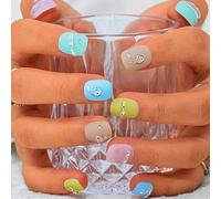 Sethexy Coloré Court Carré Faux Ongle Mignon Fait main Mat Faux ongles Dessin animé Drôle Appuyez sur les ongles Qualité durable. pour les femmes et les filles (12)