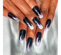 Sethexy Flamme rose Fait main Faux Ongles Noir Brillant Acrylique Faux ongles Peinte à la main Feu Français Long cercueil Appuyez sur les ongles Amovible pour les femmes et les filles