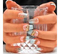 Sethexy Français Bleu Strass Presser sur l'ongle Cercueil moyen Naturel Brillant Faux ongle Doré Paillettes Halo Fait à la main Faux ongles Qualité des ongles de salon pour femmes et filles (L)