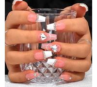 Sethexy Français Long cercueil Rose Faux ongle Fait à la main Pierre à fusil Paillettes Faux ongles Coeur d'amour en cristal 3D Ongles à presser Acrylique Amovible pour les femmes et les filles(H)