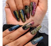Sethexy Halloween Œil du diable Lune Faux Ongles Fait main Oeil de chat Brillant Appuyez sur les ongles Acrylique Long cercueil Faux ongles Amovible pour les femmes et les filles