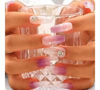 Sethexy Long cercueil Pierre précieuse Fait à la main Faux ongle Violet Peint à la main Ongles à presser Paillettes dégradées Brillant Faux ongles Qualité salon Pour les femmes et les filles(W)