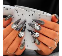 Sethexy Noir Fait à la main Ongles à presser Long Stiletto Oeil de Chat Faux ongles Rhinetone Salon Acrylique Faux ongles pour femmes et filles 10PCS (Noir 1)