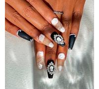 Sethexy Noir Mat Faux ongles faits à la main Perle Acrylique Faux Ongles Arc 3D Longue presse de cercueil sur les ongles qualité durable de pour les femmes et les filles