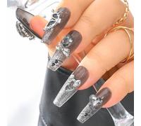 Sethexy Noir Pierre précieuse Fait à la main Faux ongles Long cercueil Paillettes Acrylique Ongles à presser Cristal 3D Métallique Faux ongles pour femmes et filles 10PCS (1)