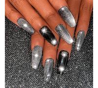 Sethexy Oeil de chat Faux ongles Fait à la main Pierre précieuse Noir Long cercueil Faux ongles Coeur d'amour brillant Cristal 3D Ongles à presser amovible pour les femmes et les filles