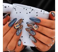 Sethexy Ovale Long Ongles à Presser Oeil de Chat Acrylique Coloré Fait à la Main Brillant Faux Ongles de Salon pour Femmes et Filles 10PCS (Bleu2)