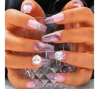 Sethexy Pourpre Moyen Cercueil Fait à la main Clous à presser Pierre précieuse Acrylique Brillant Faux ongles Peints à la main Ligne Ongles à coller pour femmes et filles 10PCS (11)