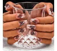 Sethexy Rouge Pente Fait main Appuyez sur les ongles Cercueil moyen Faux ongles 3D Papillon Fleurs perle Faux Ongle Brillant Coller sur les ongles pour les femmes et les filles (X)