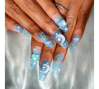 Sethexy Strass Bleu Long Cercueil Faux Ongles Coeur de lune 3D Perle Dégradé Presse à la main sur l'ongle Cristaux Faux Ongles Ongles de qualité durable de salon pour les femmes et les filles