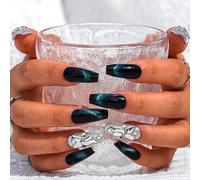 Sethexy Strass Briller Long Cercueil Faux Ongles Cristaux brillants verts Faux ongles faits à la main Oeil de chat Appuyez sur les ongles de qualité durable pour les femmes et les filles