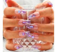 Sethexy Violet Pierre précieuse Fait à la main Presser sur l'ongle Papillon 3D Cristal Cercueil long Faux ongles Aurore Paillettes Brillant Faux ongles Qualité salon pour femmes et filles(Z)