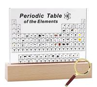 SETHVILL Grand tableau périodique avec 83 éléments réels à l'intérieur, tableau périodique en acrylique des éléments chimiques avec support et loupe en bois, affichage du tableau périodique avec