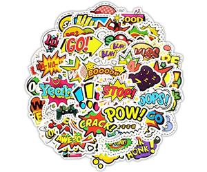 SetProducts Top Stickers ! Lot de 50 Stickers Texte Onomatopées - Autocollant Top Qualité - Yeah Boom Wow Crack Go Stop Cool - Customisation Ordinateur Portable, Bagages, Moto, vélo… (#50-TEXTES)