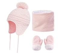 Sets Bonnet Echarpe de Cercle et Moufles Bébé Chapeau de Ski à Oreillettes Tricot Chaud Tour de Cou Hiver Gants Peluche Epais Cagoule Coupe-vent pour Fille Garçon 0-5 Ans Cadeau d'anniversaire Noël
