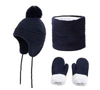Sets Bonnet Echarpe de Cercle et Moufles Bébé Chapeau de Ski à Oreillettes Tricot Chaud Tour de Cou Hiver Gants Peluche Epais Cagoule Coupe-vent pour Fille Garçon 0-5 Ans Cadeau d'anniversaire Noël
