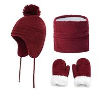 Sets Bonnet Echarpe de Cercle et Moufles Bébé Chapeau de Ski à Oreillettes Tricot Chaud Tour de Cou Hiver Gants Peluche Epais Cagoule Coupe-vent pour Fille Garçon 0-5 Ans Cadeau d'anniversaire Noël