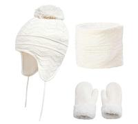 Sets Bonnet Echarpe de Cercle et Moufles Bébé Chapeau de Ski à Oreillettes Tricot Chaud Tour de Cou Hiver Gants Peluche Epais Cagoule Coupe-vent pour Fille Garçon 0-5 Ans Cadeau d'anniversaire Noël