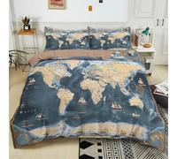 Sets de Housse Couette en Coton Microfibre 90x190 cm Carte du Monde Bleue Parure de Lit 1/2 Personnes pour lit avec Fermeture Éclair, Housse de Couette avec 2 Taies d'oreiller