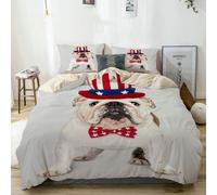 Sets De Housse Couette En Microfibre,Mignon Chiot Bouledogue Anglais Blanc Dans Le Chapeau Et Le Noeud Papillon De L'oncle Sam,Beige, Housse De Couette X + Taies D'oreillers