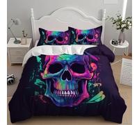 Sets de Housse de Couettes 200x200 cm LumièRes NéOn Tendance CrâNe Coloré Parure de lit pour 2 Personnes, 3-pièces Bleu Violet Parure de Lit Doux Hypoallergique pour Ado Fille Femme