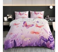 Sets de Housse de Couettes 260x240 cm avec 2 Taies d'Oreillers Imprimé Papillon Rose Parure de lit pour 2 Personnes, 3-pièces Plantes Violettes Parure de Lit Doux Hypoallergique pour Ado Fille Femme