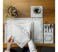 Sets de table brodés avec motif de volutes argentées, sets de table en lin blanc avec bordure décorative, ensemble élégant de linge de table de salle à manger, sets de table islamiques, Bismillah