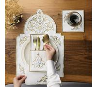 Sets de table brodés avec motif de volutes dorées et argentées, sets de table en lin blanc avec bordure décorative, ensemble de linge de table de salle à manger élégant, ensemble de linge de table