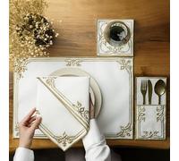 Sets de table brodés avec motif de volutes dorées, sets de table en lin blanc avec bordure décorative, ensemble de linge de table élégant pour salle à manger, sets de table islamiques, tazhib élégant