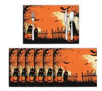 Sets de Table Cimetière Fantôme Anti-Glissant Napperon Silhouettes Clôture Citrouille Lavables Résistant à la Chaleur Décoration de Table pour Cuisine, Salon ou Salle à Manger, Lot de 6 Orange