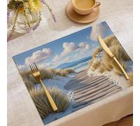 Sets de Table Coton et Lin Antidérapant Lavable Résiste à la Chaleur Paysages côtiers Sentier des Dunes de Sable et mer d'herbe Set de Table pour Restaurant, Tables à Manger en Cuisine, Lot de 6 Bleu