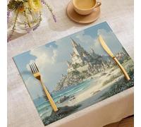 Sets de Table Coton et Lin Antidérapant Lavable Résiste à la Chaleur Style Architectural côtier Plage du château en Bord de mer Set de Table pour Tables à Manger en Cuisine, Lot de 2 Bleu Clair