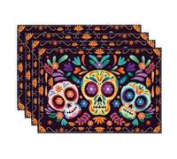 Sets de Table de Jour des Morts Lot de 4, Coloré Halloween Sets de Table, Motif Têtes de Mort Fleurs, Automne Napperons en Lin Lavables, Cuisine Table Party Dîner de Mexique Halloween Décor, 12 x 18