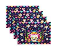 Sets de Table de Jour des Morts Lot de 4, Halloween Sets de Table, Motif Têtes de Mort et Fleurs, Automne Napperons en Lin Lavables, Cuisine Table Party Dîner de Mexique Halloween Décor, 12 x 18