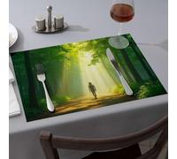 Sets de table de Pâques Une personne marche sur un chemin forestier alors que la lumière du soleil filtre à travers les arbres. Sets de table en silicone pour comptoir de cuisine Sets de table de