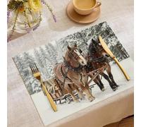 Sets de Table en Lin Traîneau Tiré par des Chevaux Scène d'hiver, 6 Pièces 30 x 45cm Réutilisable Rectangulaire, en pour Table, Cuisine, Restaurant