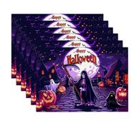 Sets De Table Lavable, Set De Table en Lina Affiche De La Mort d'halloween | Placemats Set of 4 Étrange Citrouille Fantôme, Rectangulaires, Antidérapants Résistantes, Violet, 30X45 Cm, Automne