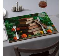 Sets de table lavables empilés de vieux livres entourés de fleurs vibrantes Sets de table rustiques Décoration d'intérieur Golden Girls Cadeaux (1 pièce)