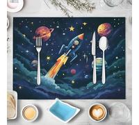 Sets de Table lavables Jolie fusée planète Affiche Spatiale 30x45cm Lot de 2 Sets de Table réutilisables en Coton Lin résistant à la Chaleur pour Cuisine et Salle à Manger, Bleu Marine