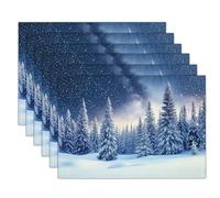 Sets De Table Motif De Forêt De Grands Pins sous Un Ciel Étoilé - 45 X 30 cm - Tissu Lavable - Décoration De Table - pour Salle À Manger - Peinture d'un Paysage Enneigé par Une Nuit d'hiver - Indigo