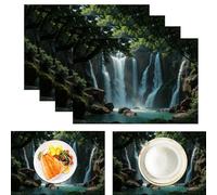 Sets de Table Rectangulaires Lavables et Antidérapants, 4 Pièces Résistantes à la Chaleur, Protège-Table en Coton et linPaysages naturels Cascade en forêt Vert foncé
