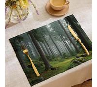 Sets de Table Rectangulaires Lavables et Antidérapants, 6 Pièces Résistantes à la Chaleur, Protège-Table en Coton et linPhotographie de Nature Brume de Mousse de la forêt de pins Vert foncé