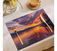 Sets de Table Rectangulaires, Lot de 2 Coucher Soleil sur Le Lac Napperons en Lin Résistantes à la Chaleur Paysage Montagne d'eau Dessous de Table pour décoration de Salle à Manger Cuisine, Orange
