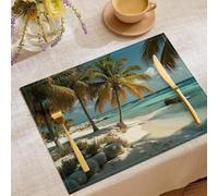 Sets de Table Rectangulaires, Lot de 2 Palm Tree Beach Napperons en Lin Résistantes à la Chaleur Charme Tropical Estival Dessous de Table pour décoration de Salle à Manger Cuisine, Jaune-Vert