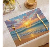 Sets de Table Rectangulaires, Lot de 4 Coucher Soleil Sur Plage Napperons en Lin Résistantes à la Chaleur Vacances D'Été Dessous de Table Antidérapant pour décoration de Salle à Manger Cuisine, Orange