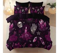 Sets Housse de Couette 240 x 220 cm avec 2 Taies d'oreiller, Microfibre brossée Toutes Saisons Noir Parure de Lit - Fantastique Crâne Fleurs Étoiles Housse de Couette imprimée Fermeture à glissière