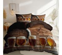 Sets Housse de Couette 240 x 260 cm, Respirant et Super Doux Microfibre brossée Parure de Lit - Photographie Mur en Bois Verre Chope De Bière imprimé Housse de Couette avec Fermeture Éclair Brun Café